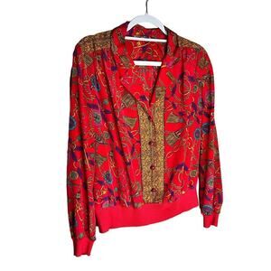 AnnaLee & Hope Blouse Button Front Long Sleeve Equestrian Red Womens Size 12 NWT